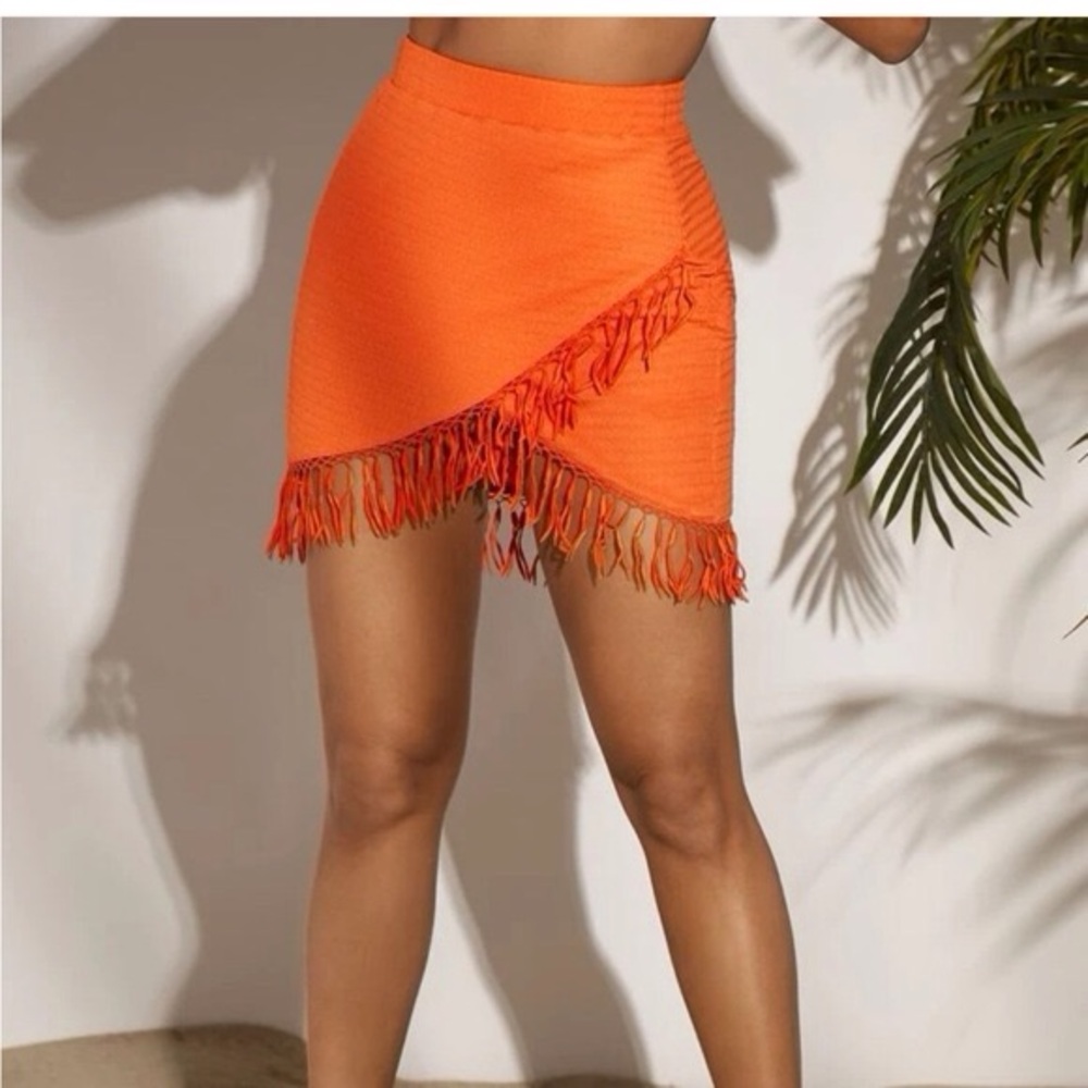 SHEIN Bright Orange Mini Skirt with Crossover Fringe Sz L